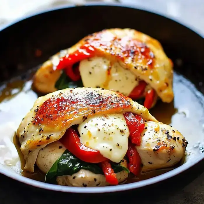 Two chicken breasts stuffed with greens, red peppers, and melty cheese sitting in a cast-iron pan.
