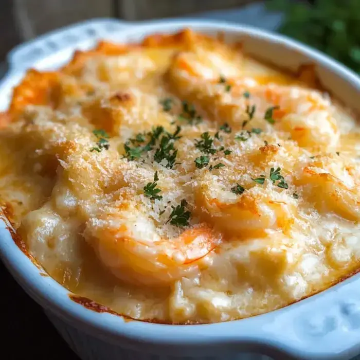 A golden-topped seafood casserole with tender shrimp visible beneath crispy breadcrumbs and fresh herbs.