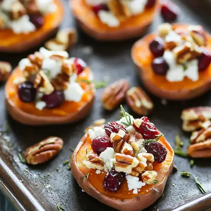 Sweet potato circles arranged on a plate, topped with goat cheese, cranberries, chopped pecans, and apples.