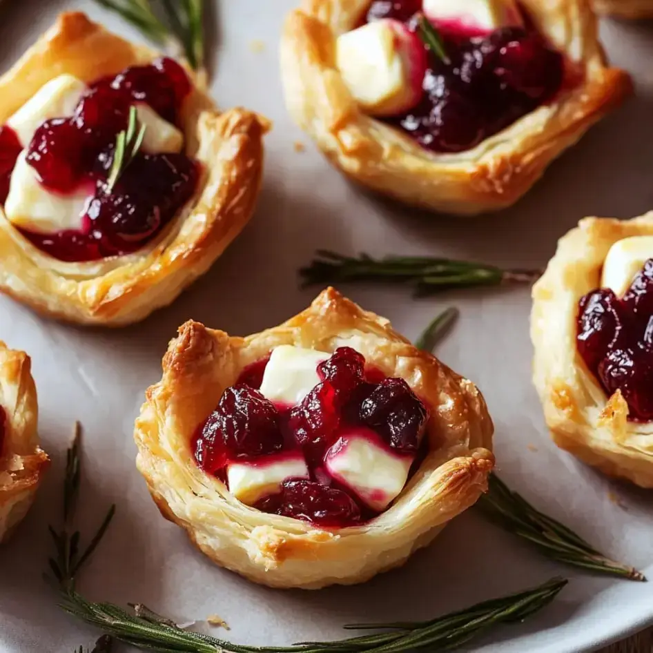 Golden-baked pastry cups packed with brie and cranberry, topped with rosemary—set in a tray.
