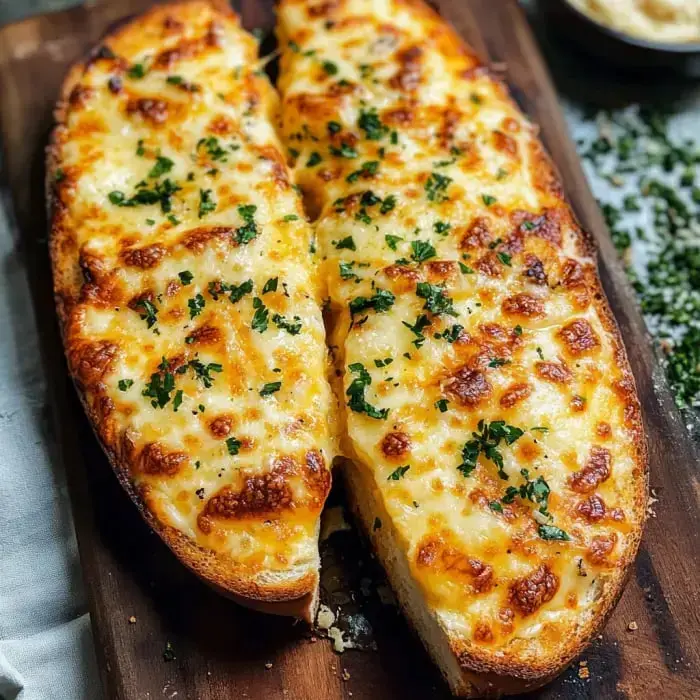 Two big pieces of garlic bread loaded with cheese and fresh herbs sit on a wooden board.