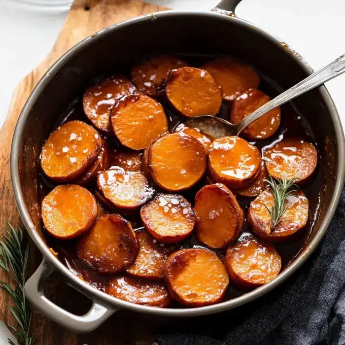 A dish containing caramelized sweet potato rounds with a rosemary garnish seen up close.