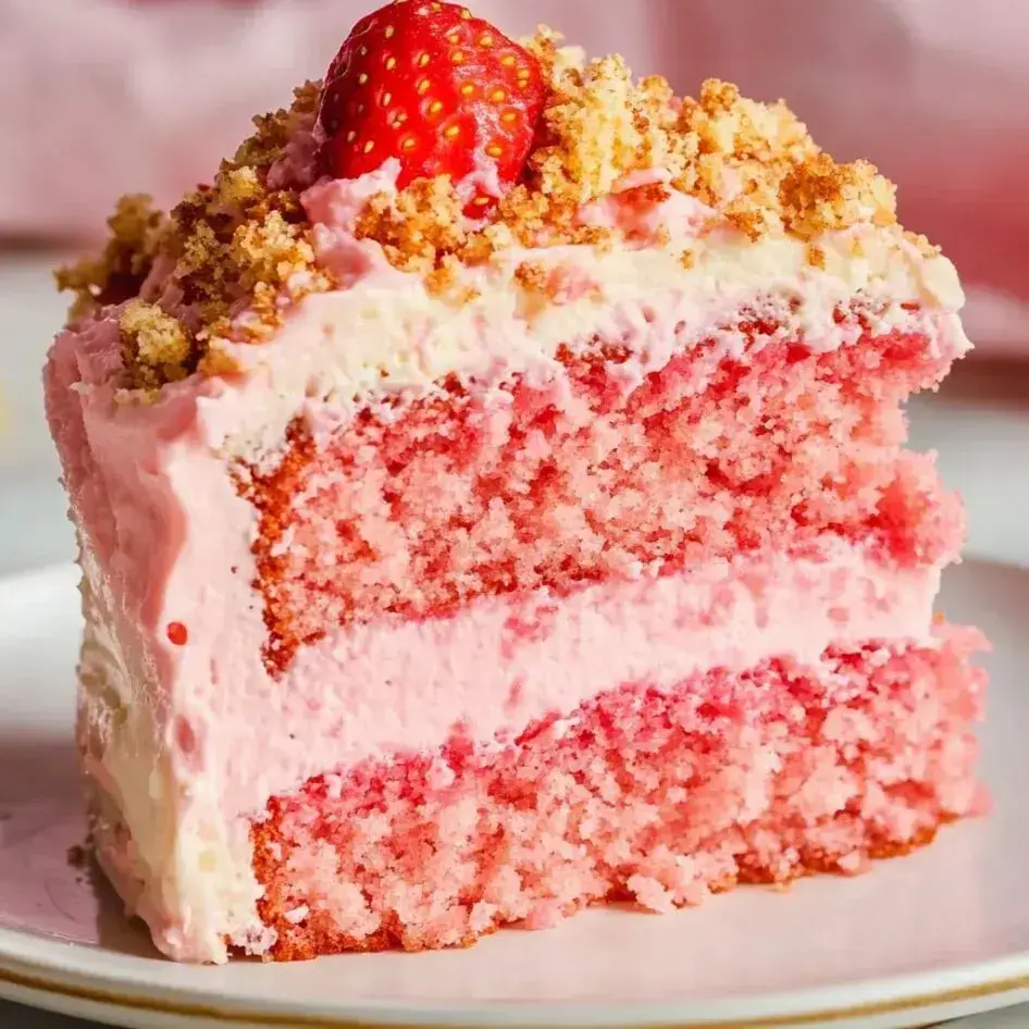 Close view of a moist pink strawberry cake slice crowned with a whole berry and cookie crumbles.