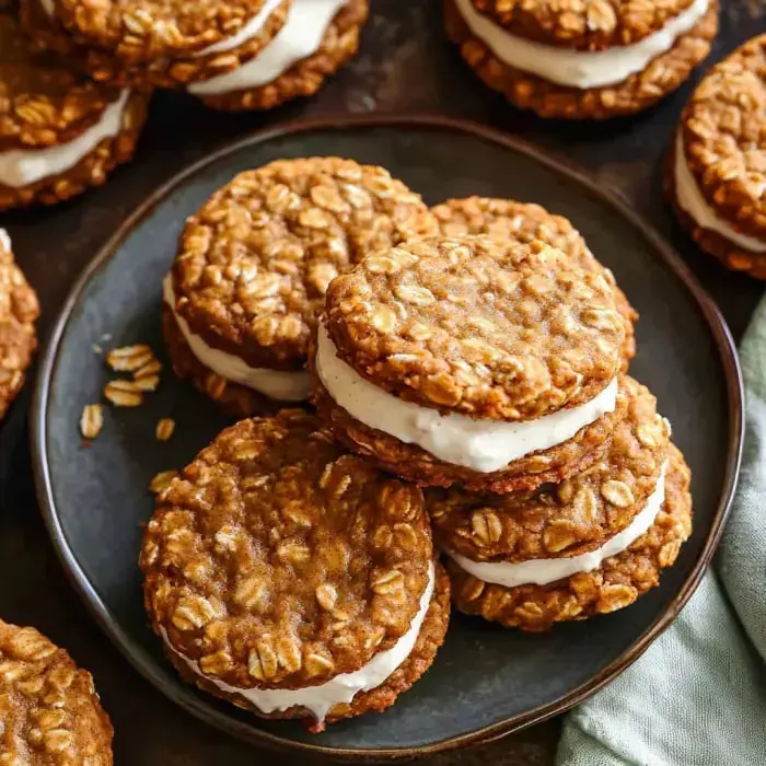 A stack of chewy oatmeal cookies with creamy filling layered in between on a plate.