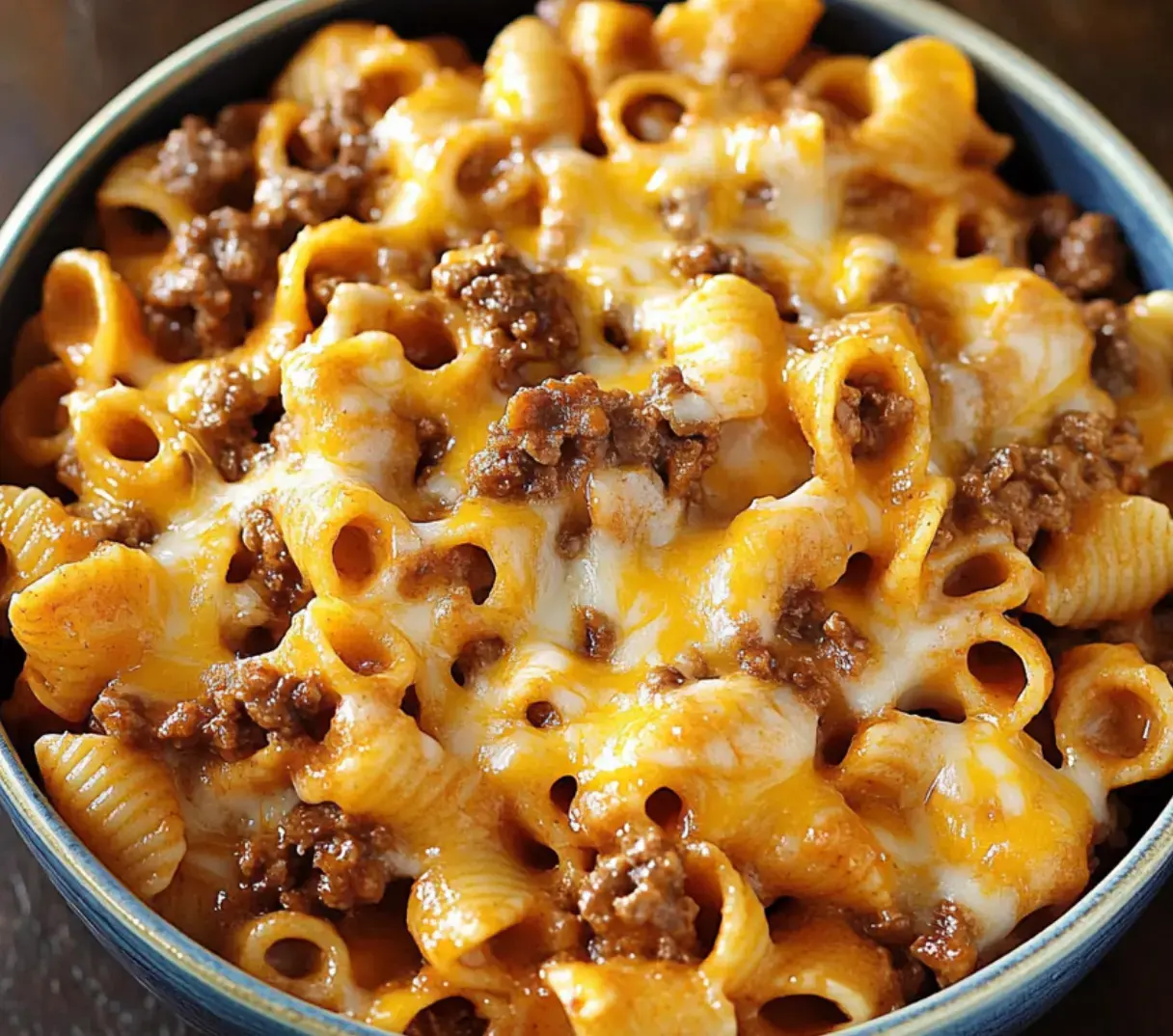 A close-up of pasta, ground beef, and gooey melted cheese inside a bowl.