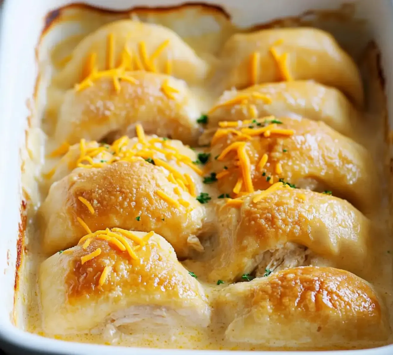 Golden chicken-stuffed rolls baked in creamy sauce, all topped with melted cheese and fresh herbs.