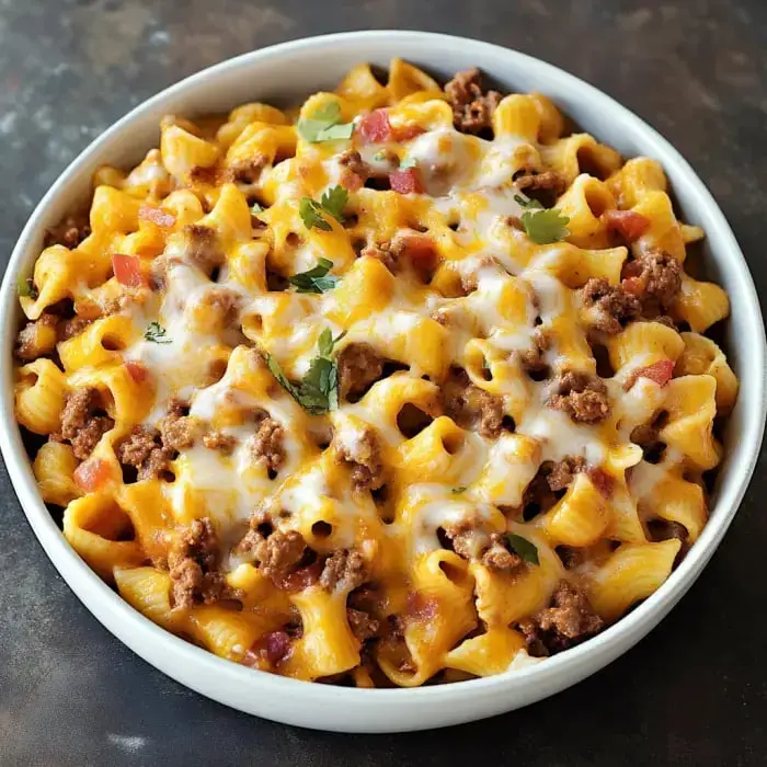 Cheesy pasta in a bowl loaded with beef bits, chopped tomatoes, and a sprinkle of green herbs.