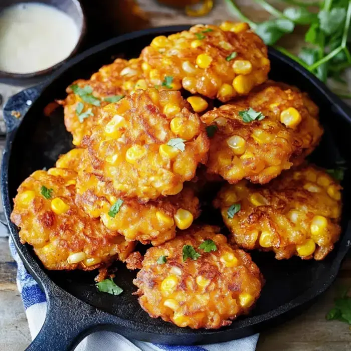A black skillet holds a tower of crisp corn fritters topped with fresh cilantro.