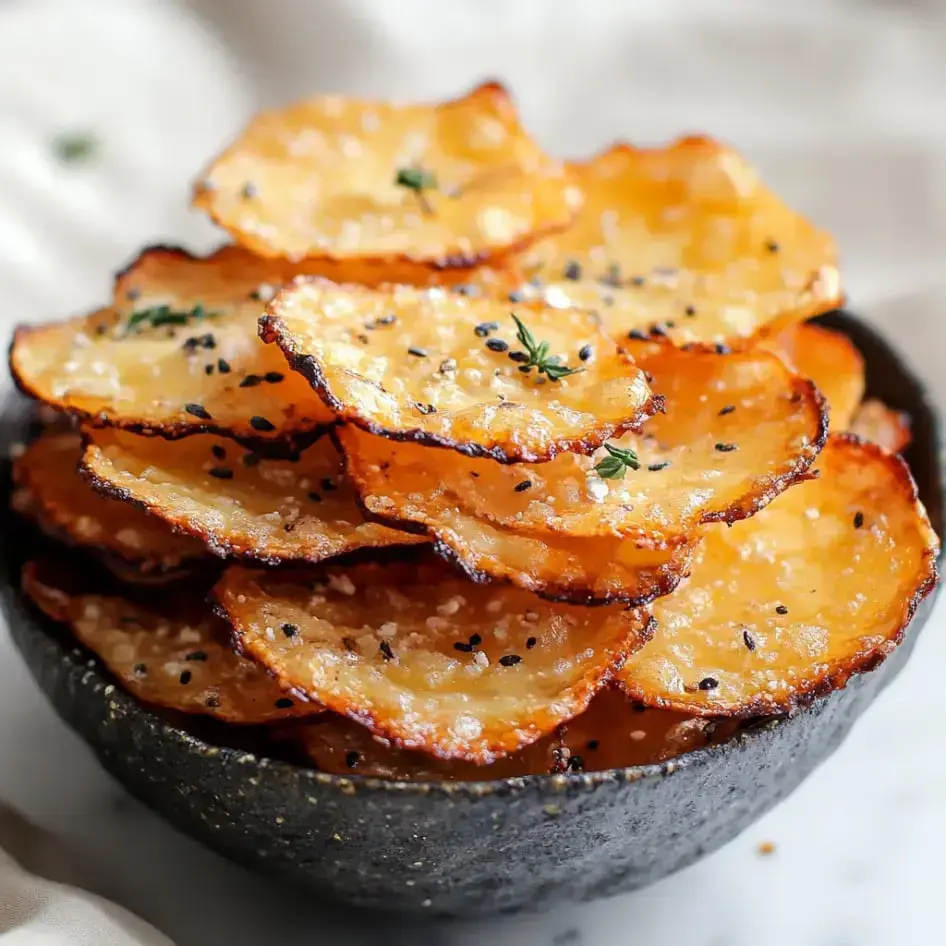 Up-close shot of golden and crisp potato chips with black sesame seeds and a bit of fresh thyme on top in a bowl.