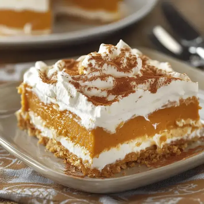Pumpkin dessert slice with soft whipped cream and cinnamon sprinkles sits on a light plate close up.