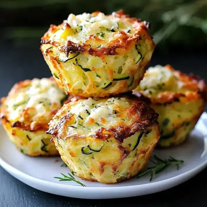 Three golden brown zucchini muffins with gooey cheese on top are stacked on a plate.