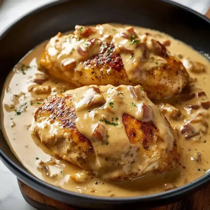 Creamy sauced chicken pieces with bits of bacon and herbs in a black bowl.