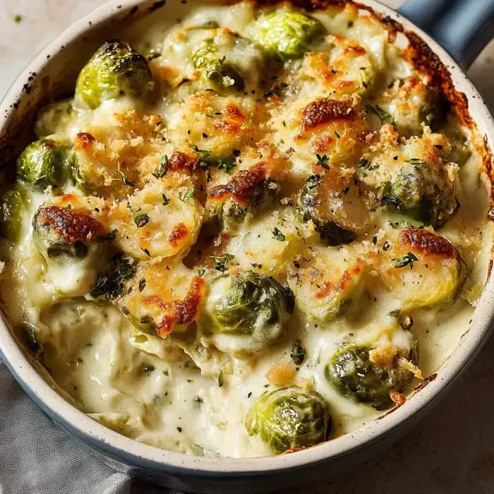 Brussels sprouts in a baking dish with a golden cheesy and crispy breadcrumb crust.