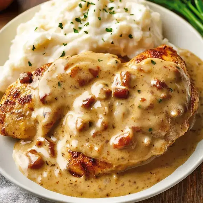Creamy-smothered chicken on a plate with mashed potatoes sprinkled with parsley.