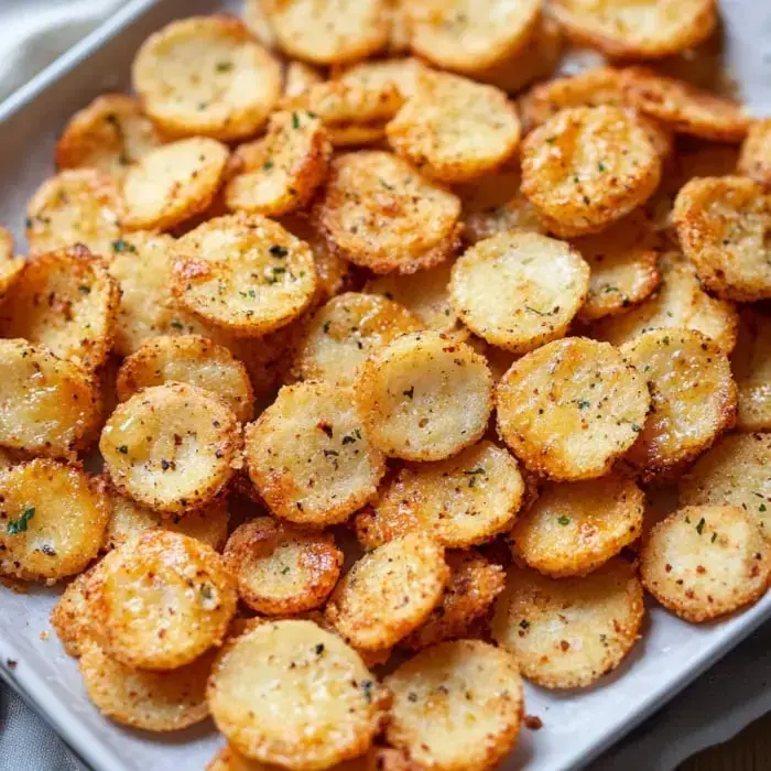 A stack of crunchy, golden potato rounds dusted with spices, arranged on a platter.