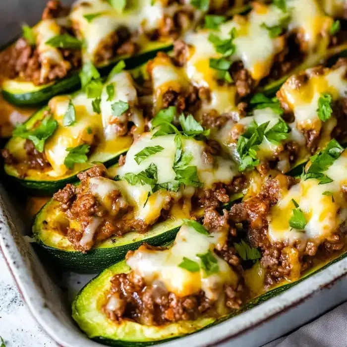 Oven-baked zucchini boats packed with tasty ground beef, layered with gooey cheese and topped with fresh cilantro.