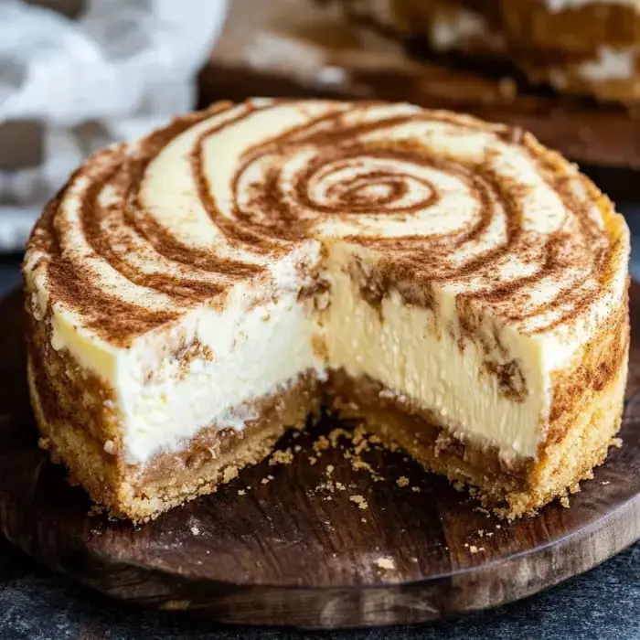 Smooth cheesecake with cocoa swirls, minus a slice, sitting on a wooden tray.