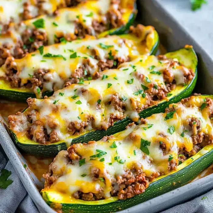 Zucchini boats baked with seasoned meat, covered in melty cheese and a sprinkle of parsley.