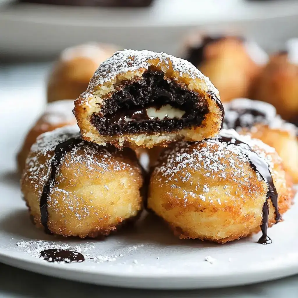 A plate of crispy deep-fried treats stuffed with chocolate and cream, covered in powdered sugar and a drizzle of chocolate syrup.