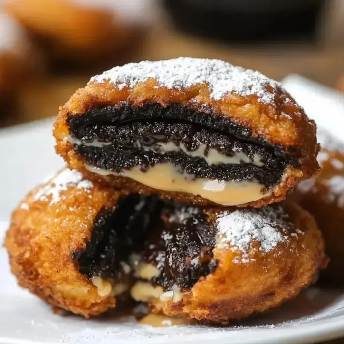 See the inside of a deep-fried Oreo—chocolate layers and creamy filling covered in a dusting of sweet powdered sugar.