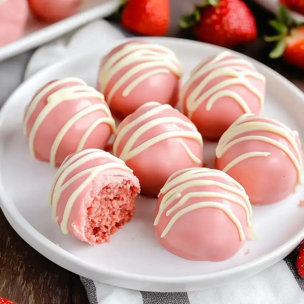 A bunch of pink balls with white chocolate drizzles, one with the inside showing, plus some fresh strawberries on the side.