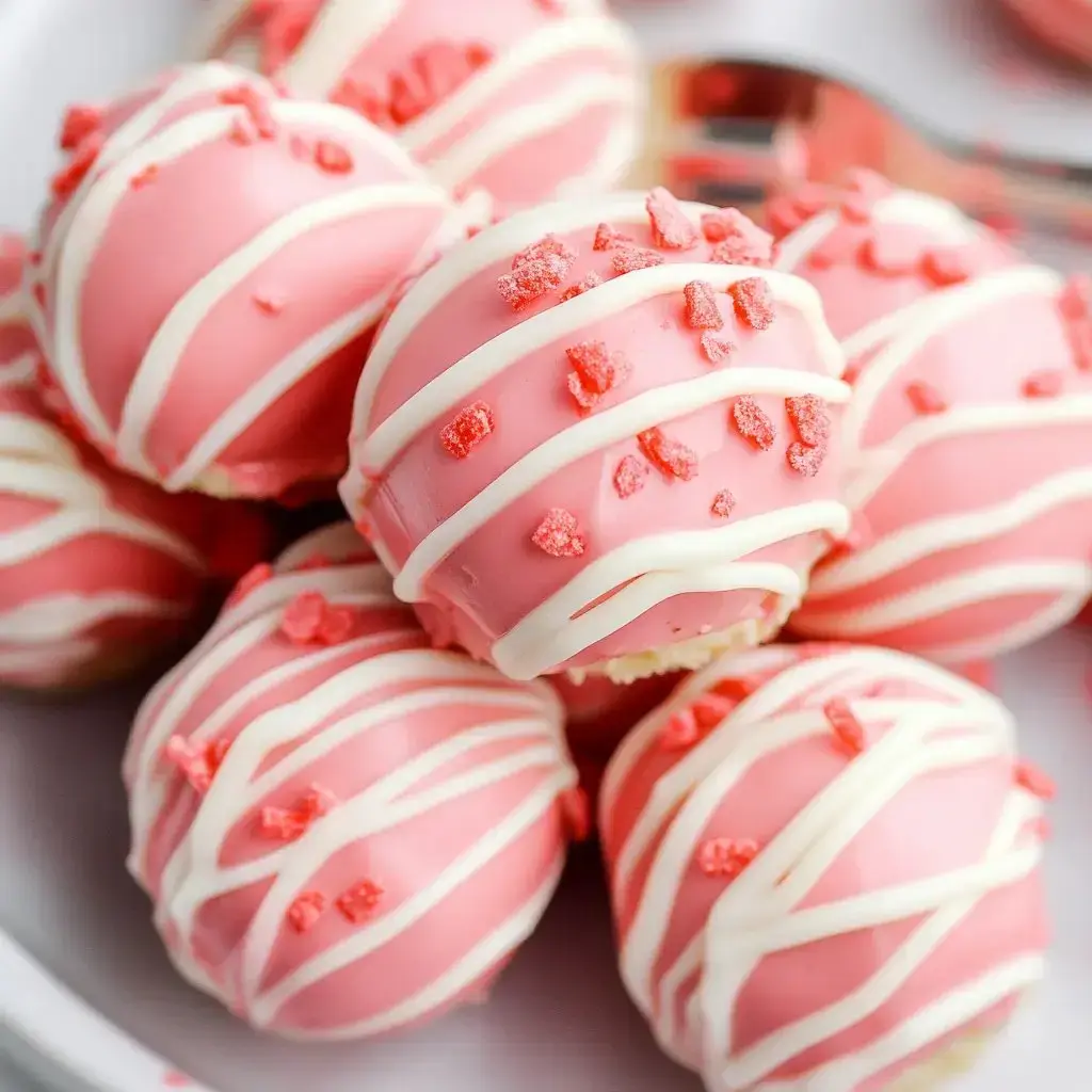 A plate with pink cake balls topped with white swirls and red sprinkles.