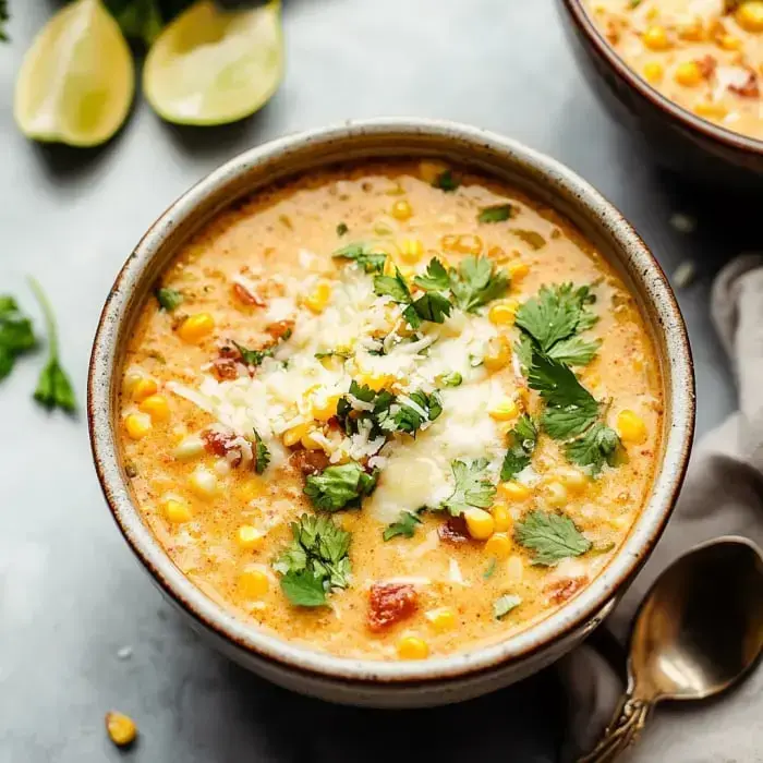 A bowl loaded with creamy corn chowder, sprinkled with cheese, cilantro, diced tomatoes, and lime wedges on the side.
