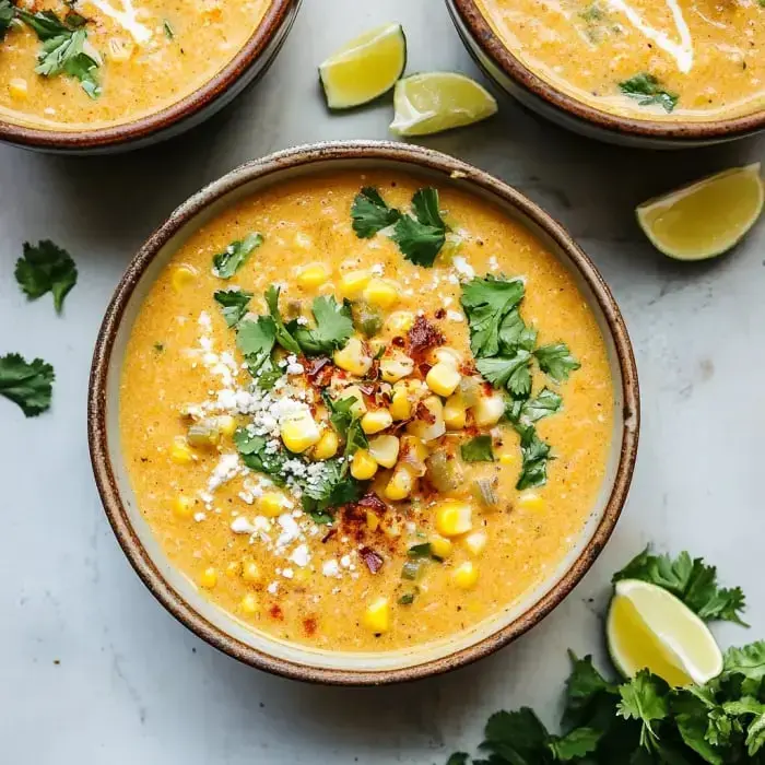 Creamy corn chowder in a bowl with cilantro, corn bits, cheese, and lime wedges on the side.