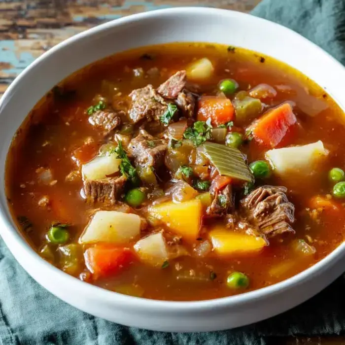 A comforting bowl loaded with beef, potatoes, peas, carrots, and green beans swimming in broth.