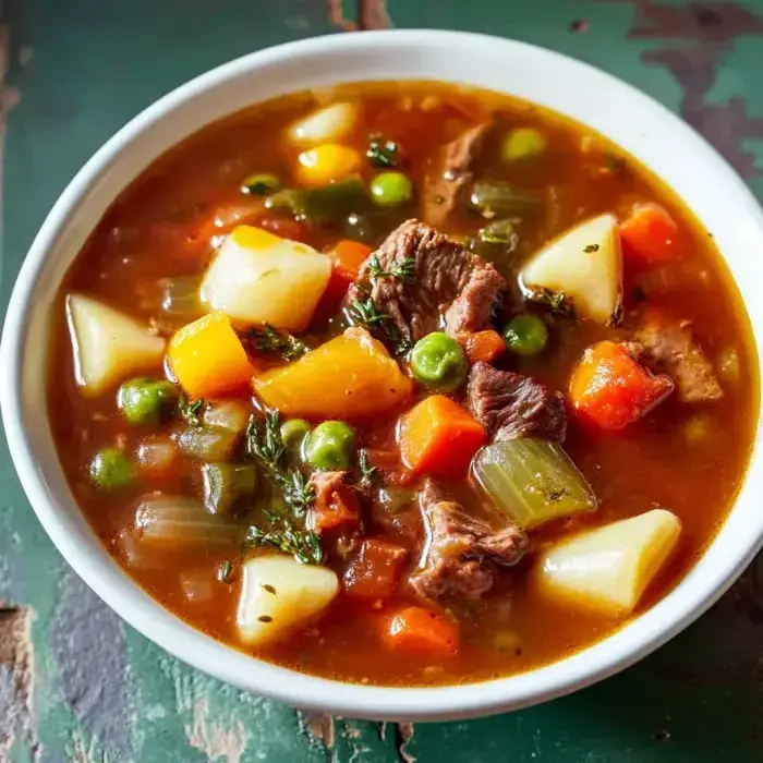 A cozy bowl brimming with tender beef, potatoes, carrots, and peas in savory broth.