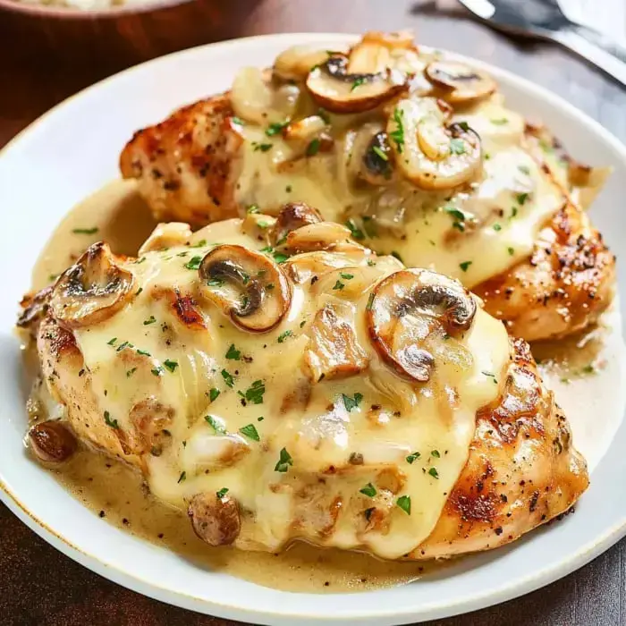 Two chicken breasts topped with golden cheese, mushrooms, and a sprinkle of parsley on a white plate up close.