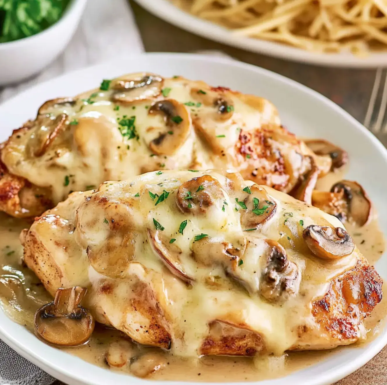 Creamy chicken breasts loaded with mushrooms and parsley, served with spaghetti and a little salad on the side.