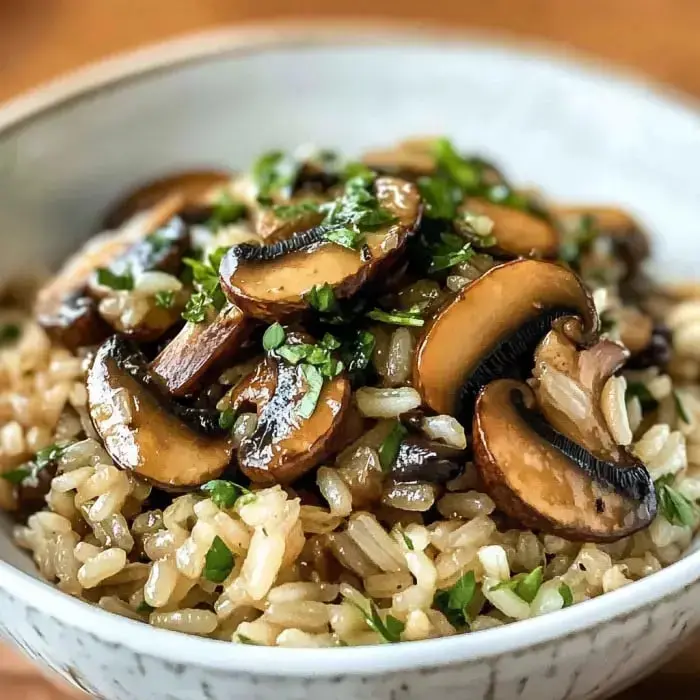 Brown rice topped with loads of mushrooms and chopped fresh herbs in a white bowl.