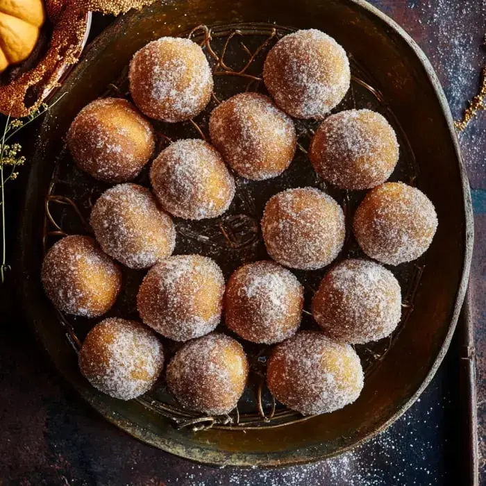 Sugary, round donut balls arranged neatly on a gold tray.