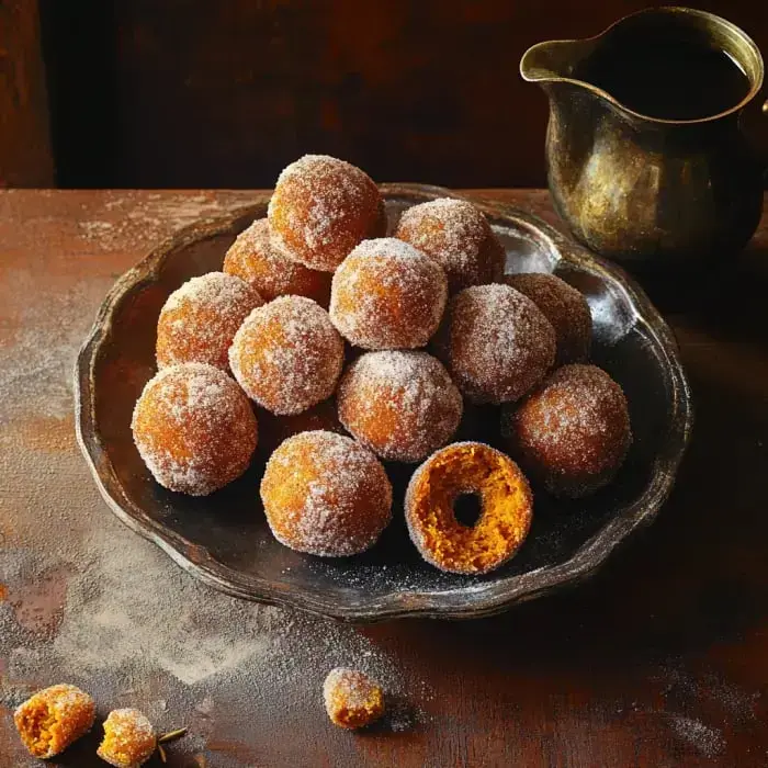 A silver plate stacked with sugar-dusted mini donuts, one with a bite, next to a mini jug.