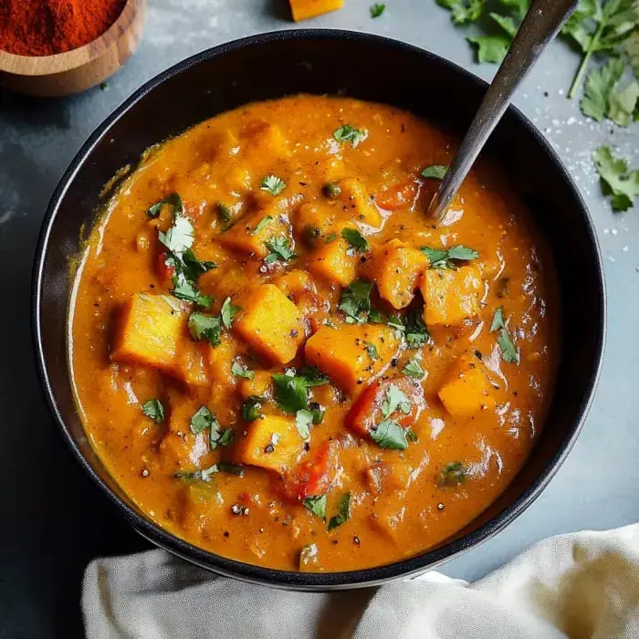 A colorful bowl showing thick pumpkin curry sprinkled with cilantro, ready with a big spoon beside it.