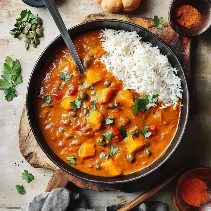A hearty bowl filled with creamy veggie curry studded with pumpkin pieces and peas, set by fluffy rice and sprinkled with fresh herbs.