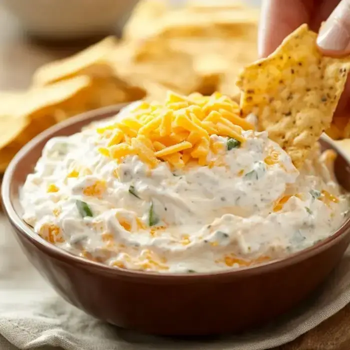 Someone scooping creamy dip loaded with cheese and surrounded by chips off a table into a chip.