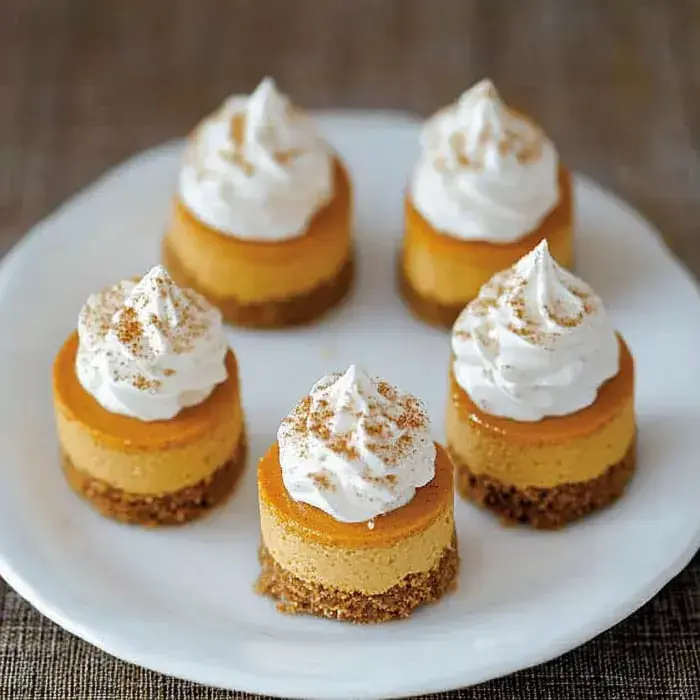 A plate filled with mini pumpkin cheesecakes, each topped with whipped cream and a sprinkle of cinnamon.