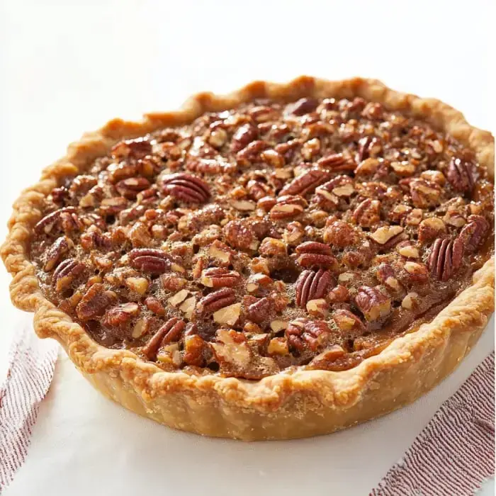 Fresh homemade pecan pie with golden crust and glossy pecan-filled center.