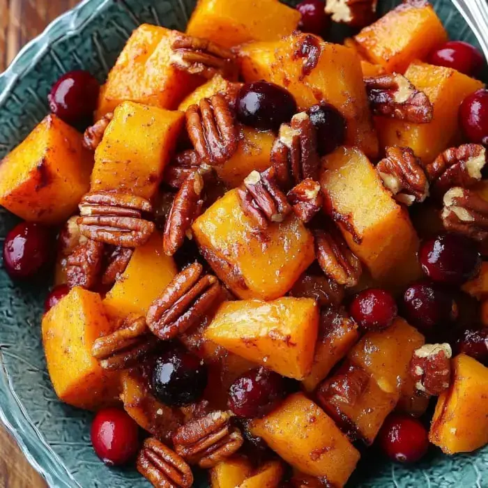 Chunks of golden roasted butternut squash mixed with pecans and cranberries sit in a patterned serving bowl.