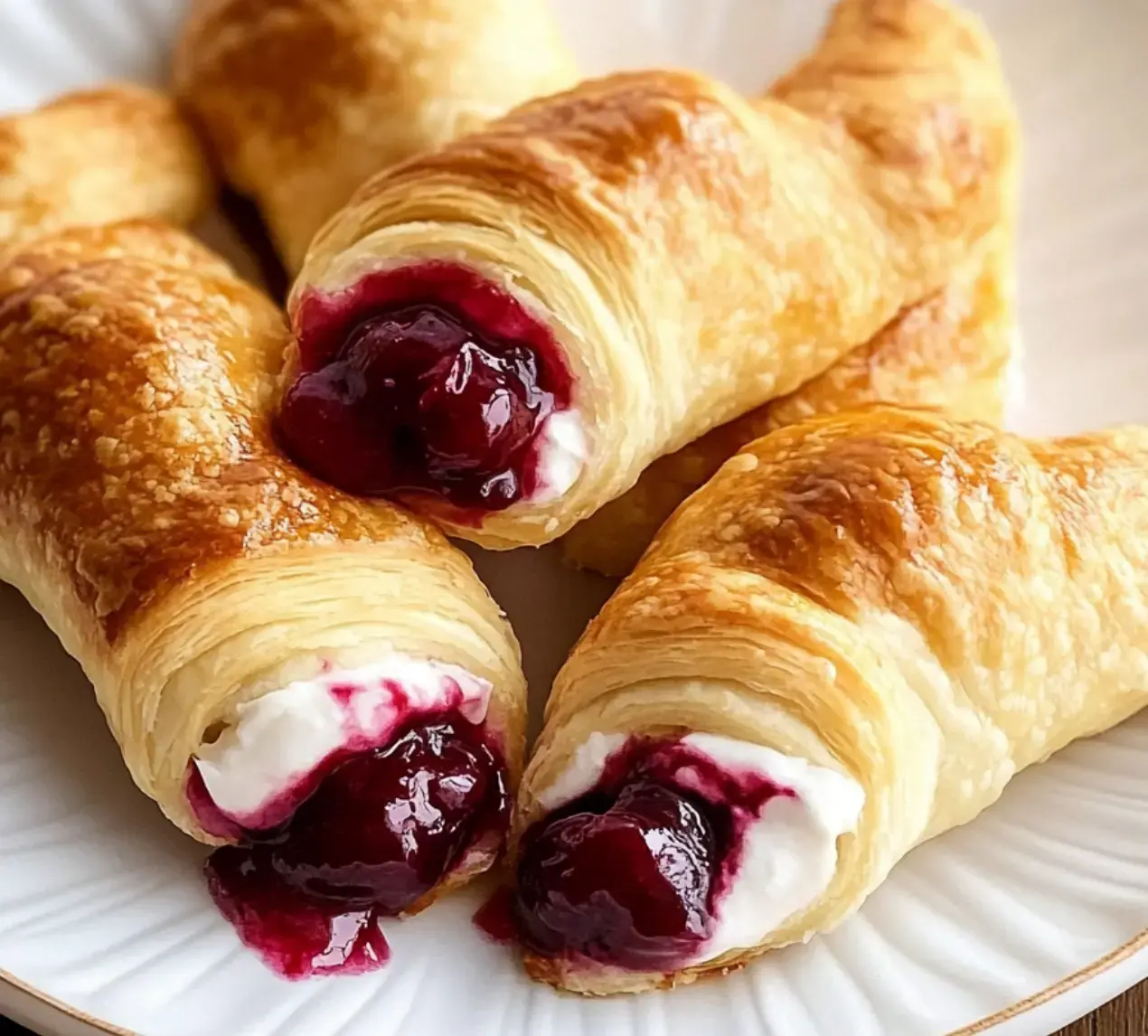 Platter stacked with sweet, flaky rolls stuffed with cream and cherries.