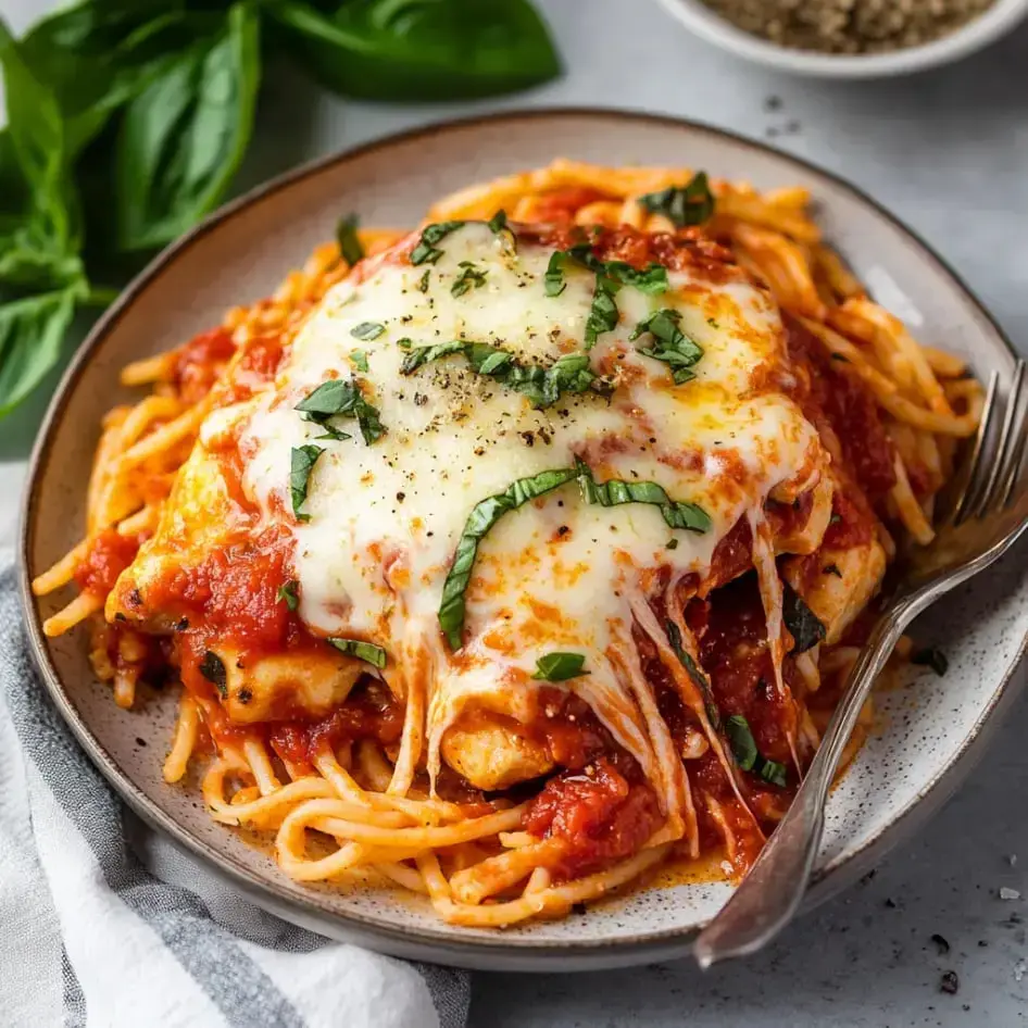 Spaghetti loaded with marinara sauce, stretchy cheese, fresh basil, and cracked pepper on top.