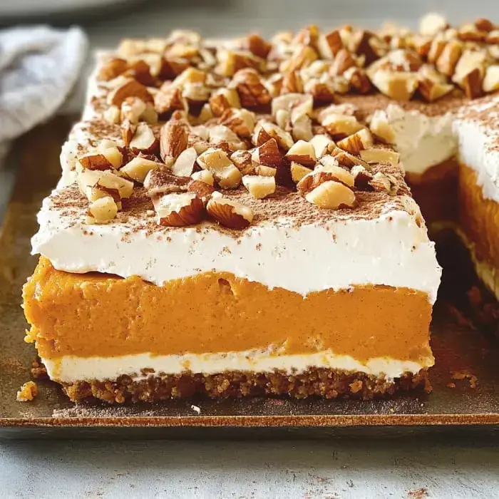 A pumpkin dessert with layers, whipped cream, and crushed nuts sits ready in a tray.