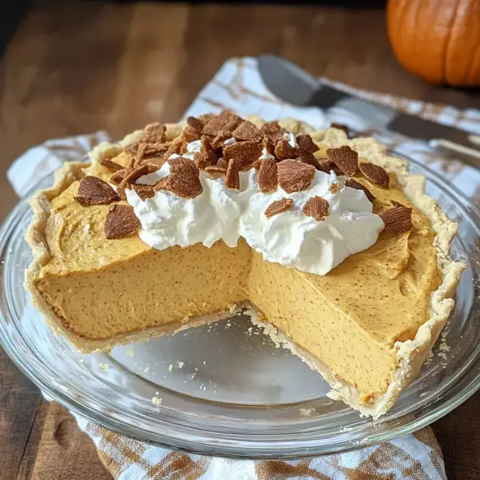 A pumpkin pie cut into pieces with whipped cream and cookie bits on a glass pie plate on a wood table.