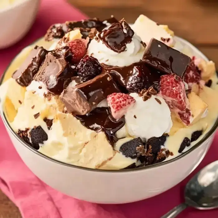 A glass bowl layered with creamy vanilla ice cream, bits of chocolate, fresh raspberries, a cloud of whipped cream, and a generous swirl of chocolate syrup on top.