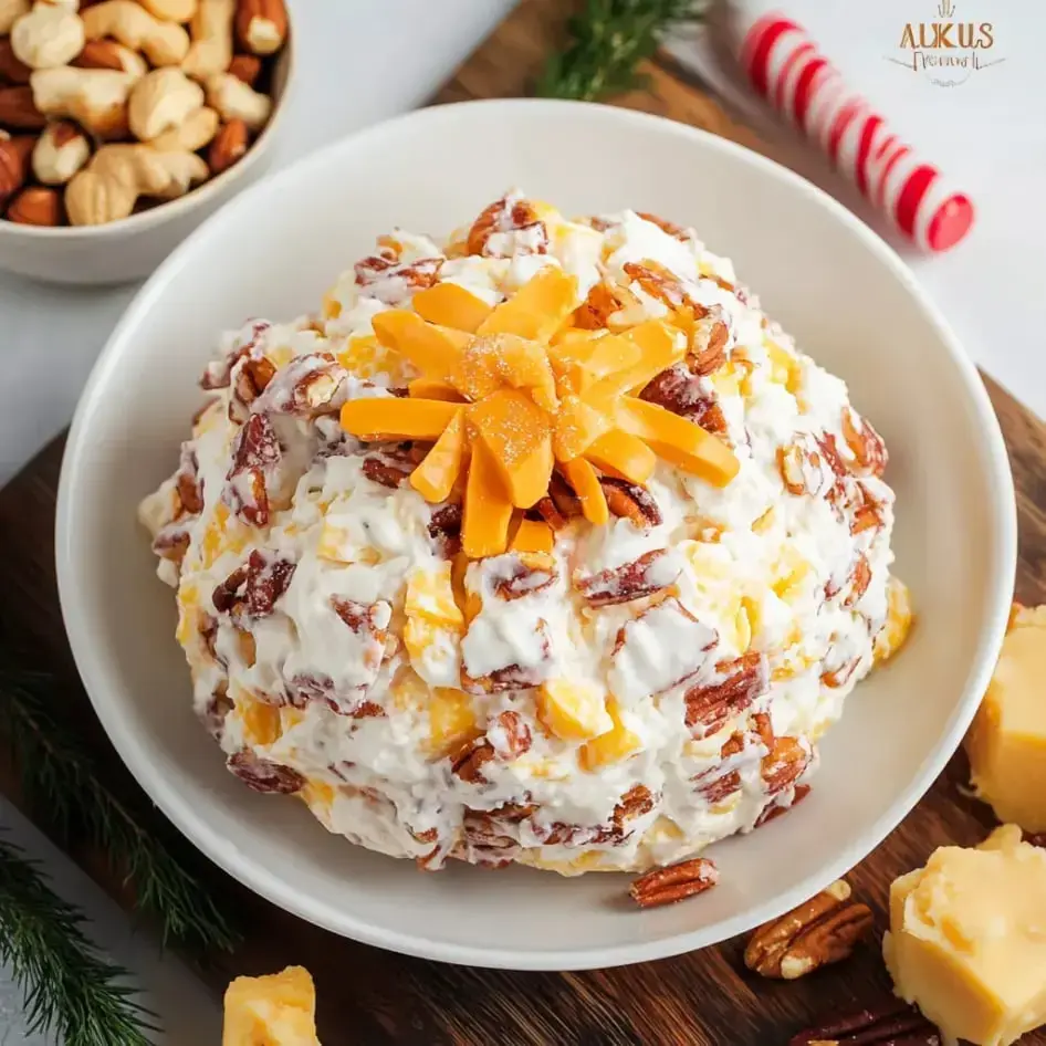 A bowl of creamy sweet salad with cheddar cheese and pecans on top, next to a bowl of mixed nuts.