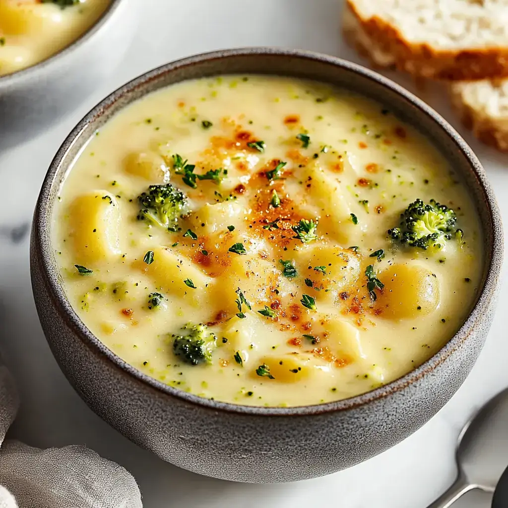 Creamy broccoli and potato soup topped with herbs and spices, served with fresh slices of bread.