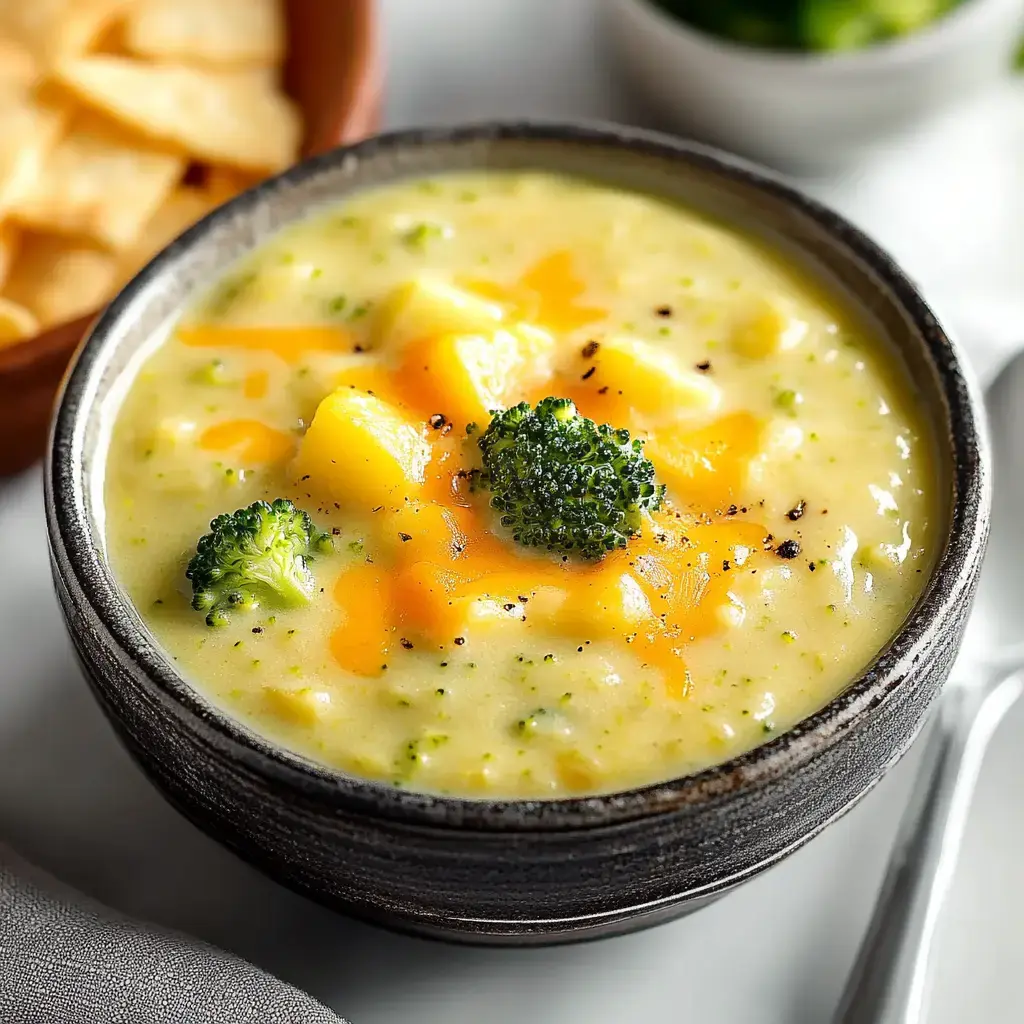 Creamy bowl of broccoli and cheese soup with broccoli pieces and cheese, tortilla chips peeking in the back.