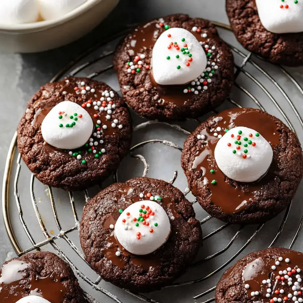 Zoom in shot of chocolate cookies loaded with soft melted chocolate, marshmallows, and sprinkles for flair.
